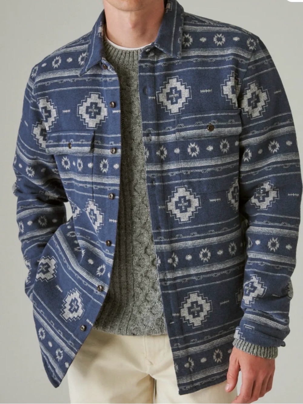 Lucky Brand Men’s Jaquard Utility Long Sleeve Blue Aztec Print Button-Up Shirt